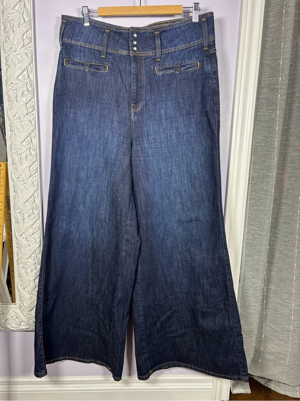 Pilcro Anthropologie High Rise Wide Leg Stretch Trouser Dark Wash Jeans Size 32